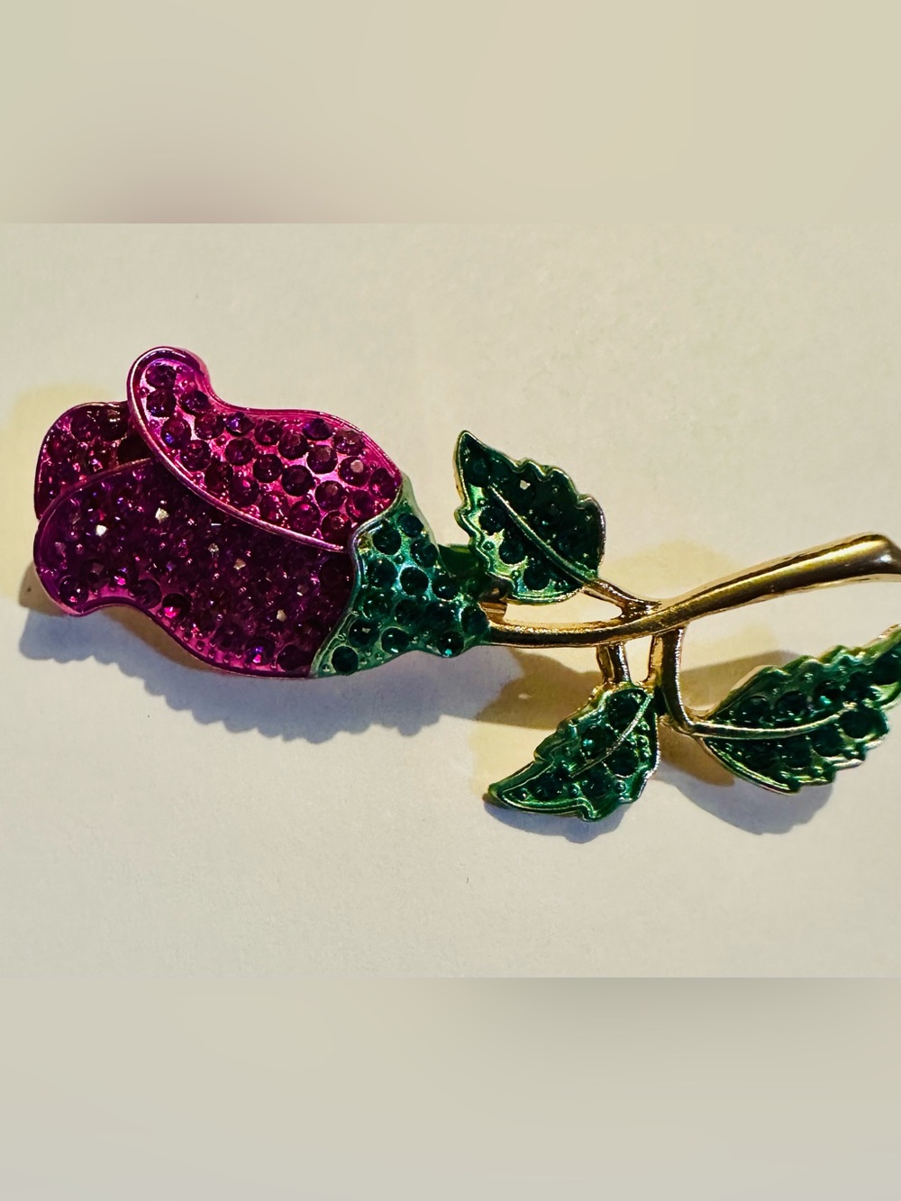 Rhinestone Dark Pink & Green Rose Brooch Gold Tone